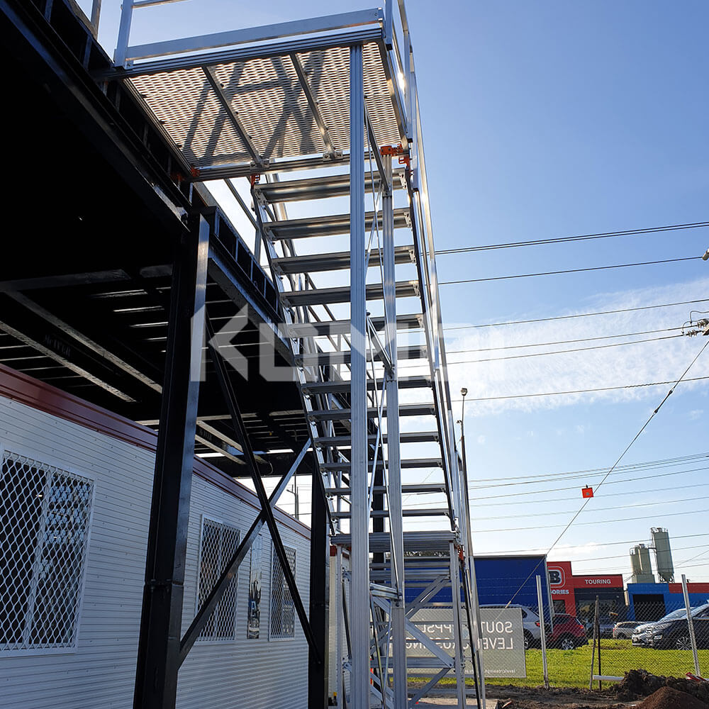 View from below of Kombi modular stair and platform systems giving site shed access